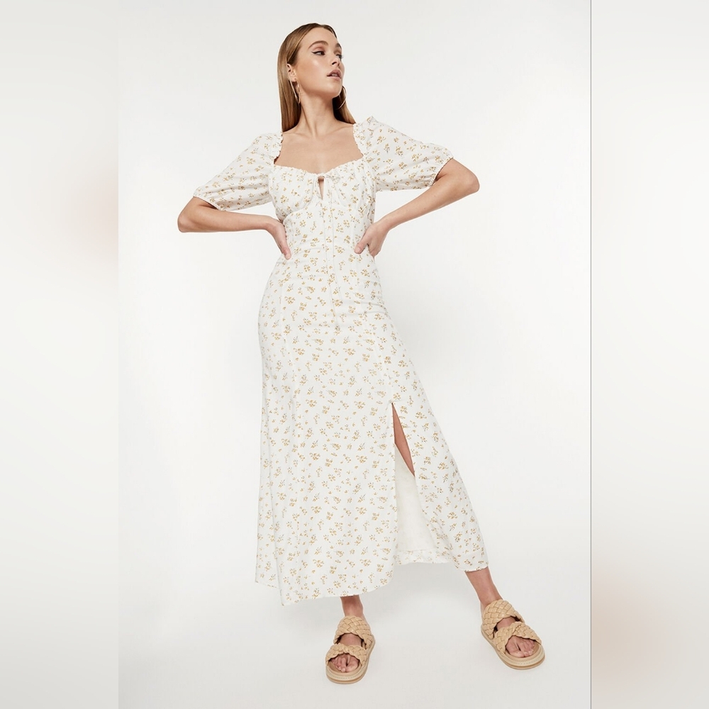 Bardot Floral Cream & Orange Midi Side  Slip Us 4